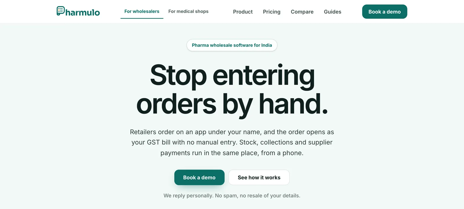Pharmulo home page with its ordering app for pharma wholesalers